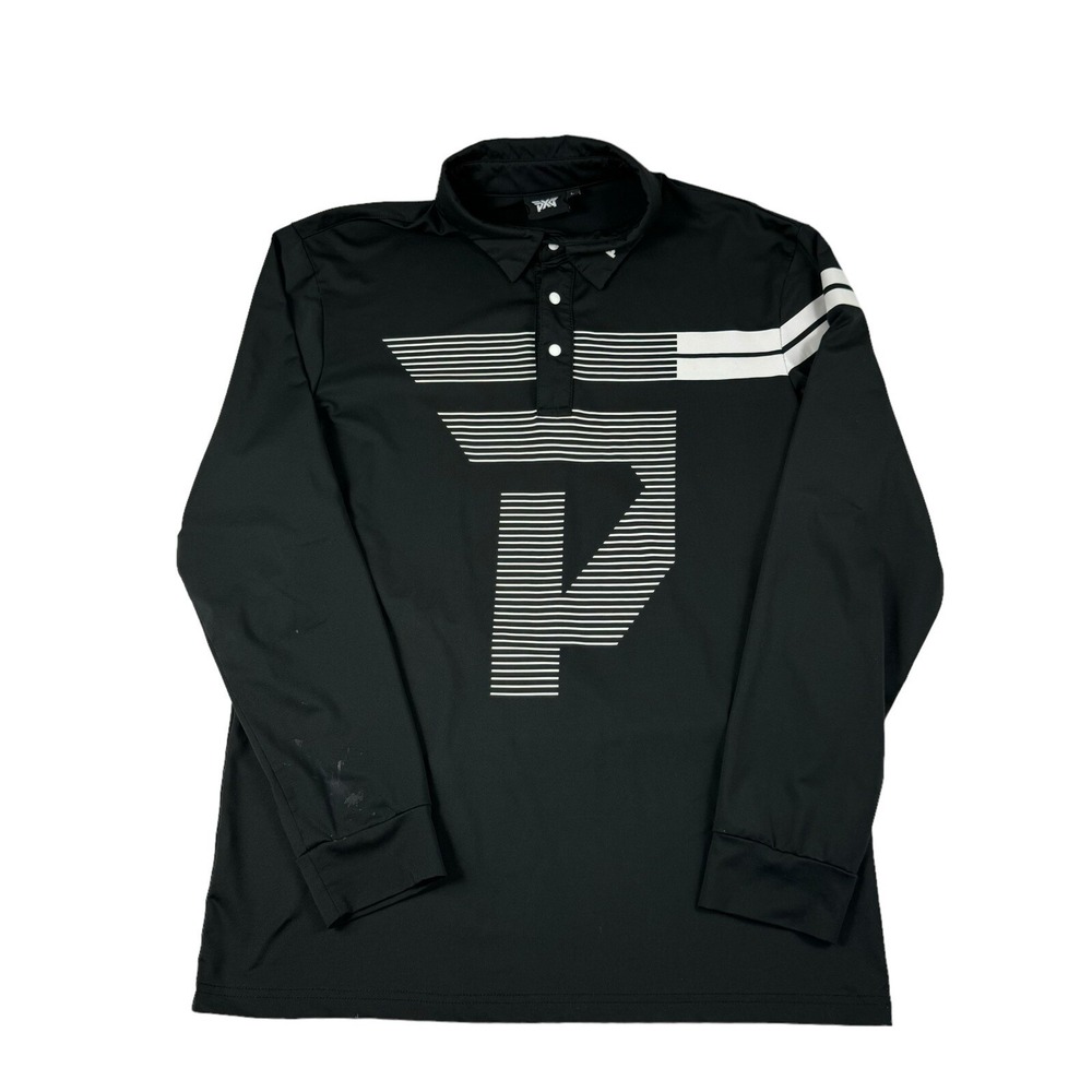 PXG Shirt Mens Large Black Long Sleeve Mock Pocket Polo Lightweight Stretch